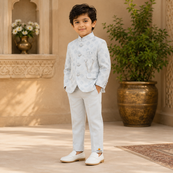Grey Printed Boys Jodhpuri Suit