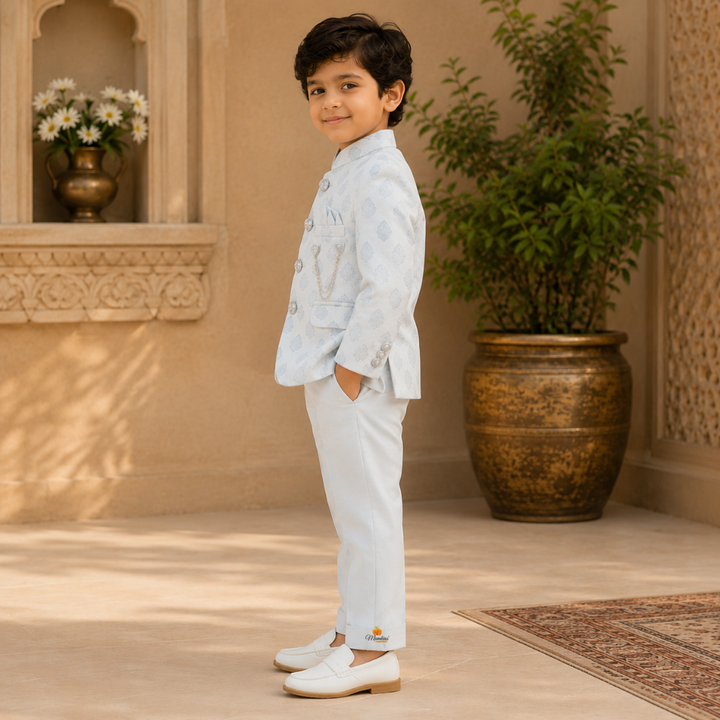 Grey Printed Boys Jodhpuri Suit