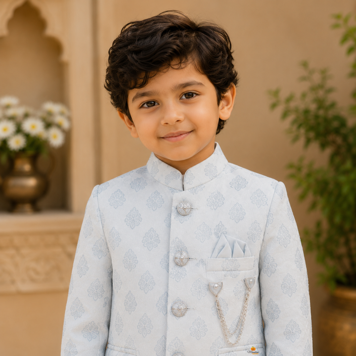 Grey Printed Boys Jodhpuri Suit