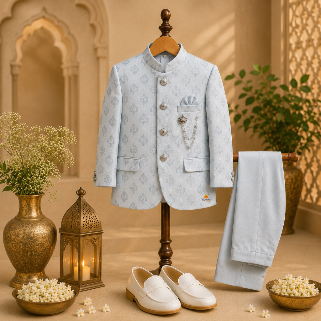 Grey Printed Boys Jodhpuri Suit