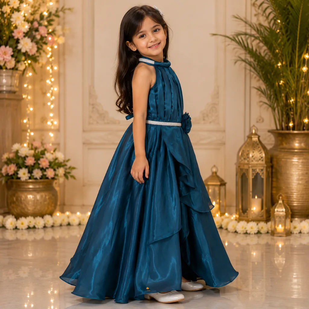 Girls Halter Neck Party Gown with Floral Detail