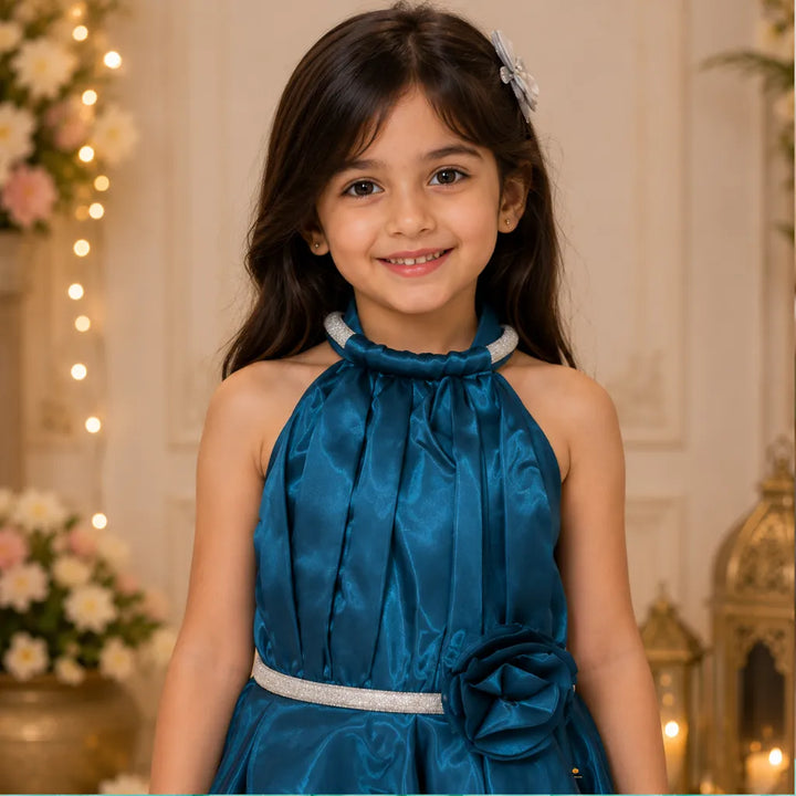 Girls Halter Neck Party Gown with Floral Detail