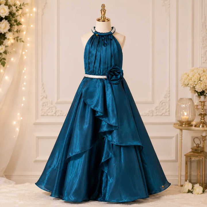 Girls Halter Neck Party Gown with Floral Detail