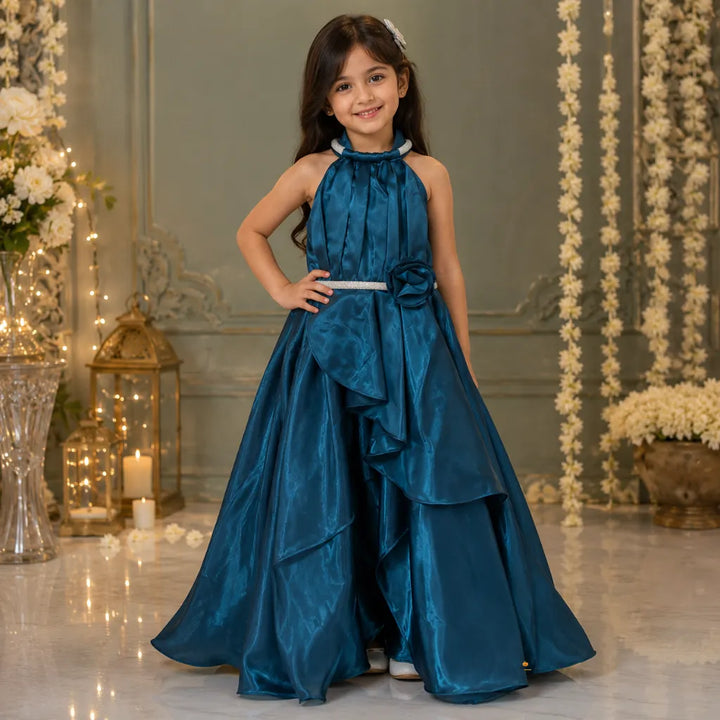 Girls Halter Neck Party Gown with Floral Detail