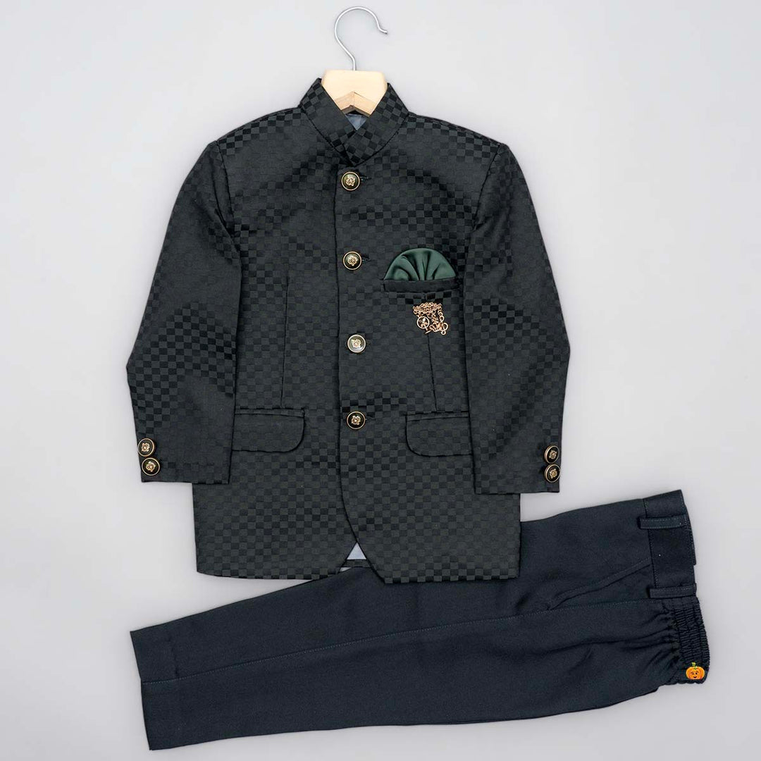 Green Check Pattern Boys Jodhpuri Suit Front View