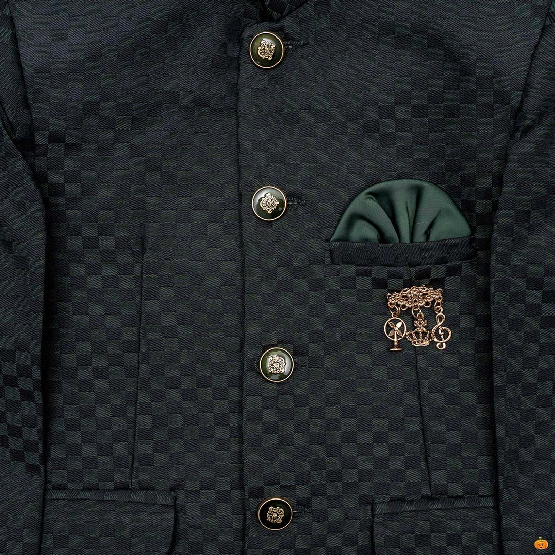 Green Check Pattern Boys Jodhpuri Suit Close Up View