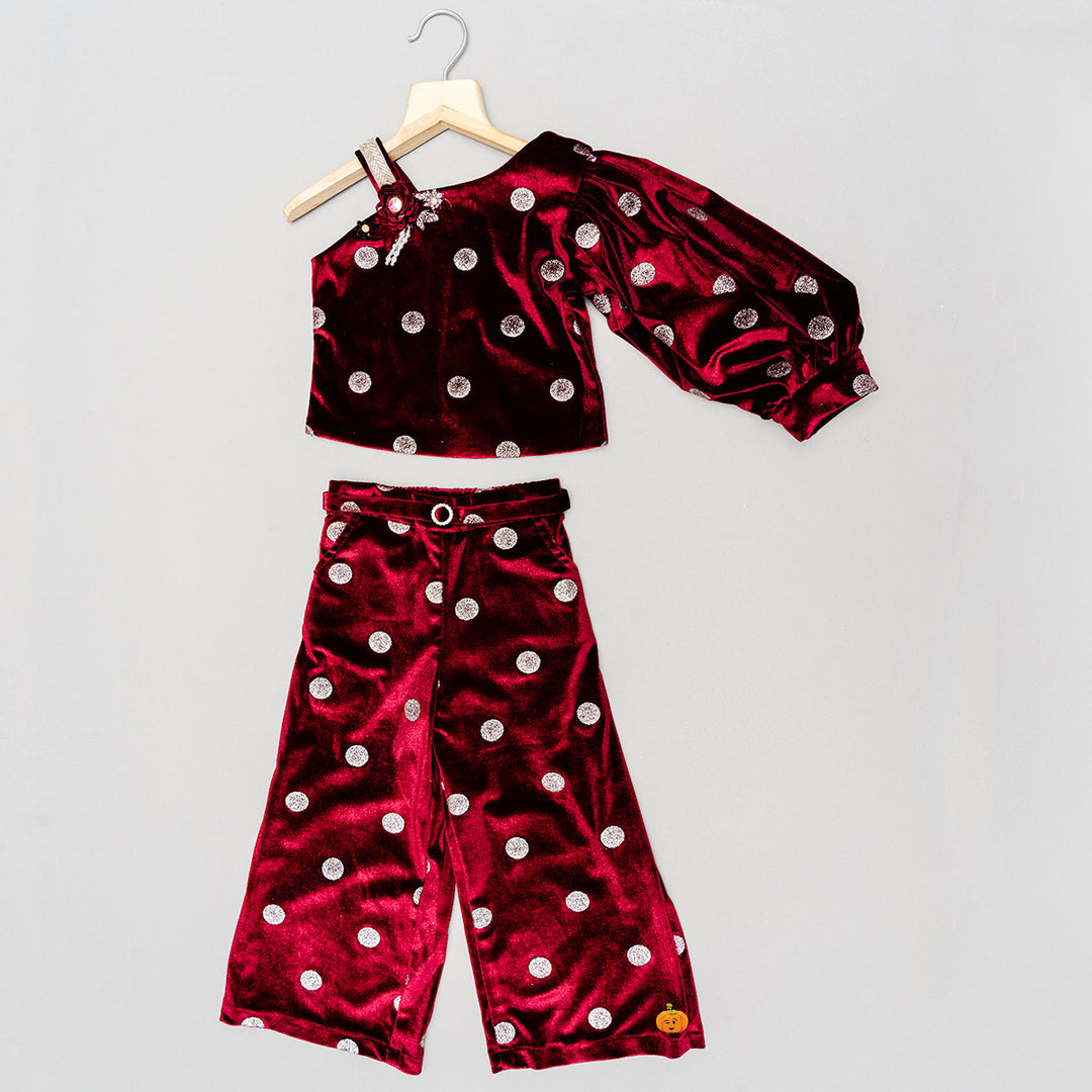 Maroon & Black Polka Dots Co-Ord Set Front 