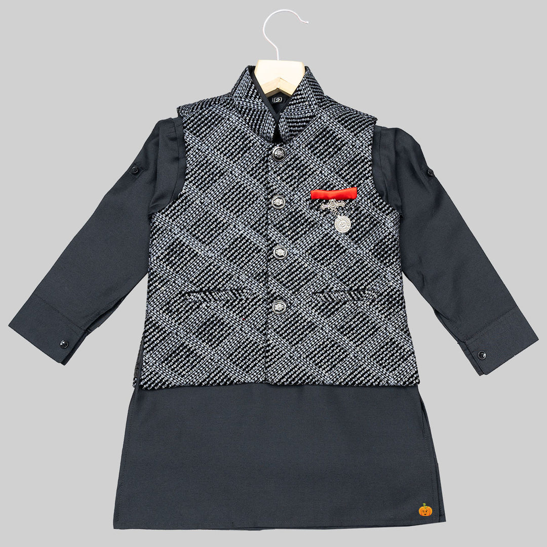 Black Embroidered Boys Kurta Pajama with Jacket Top View