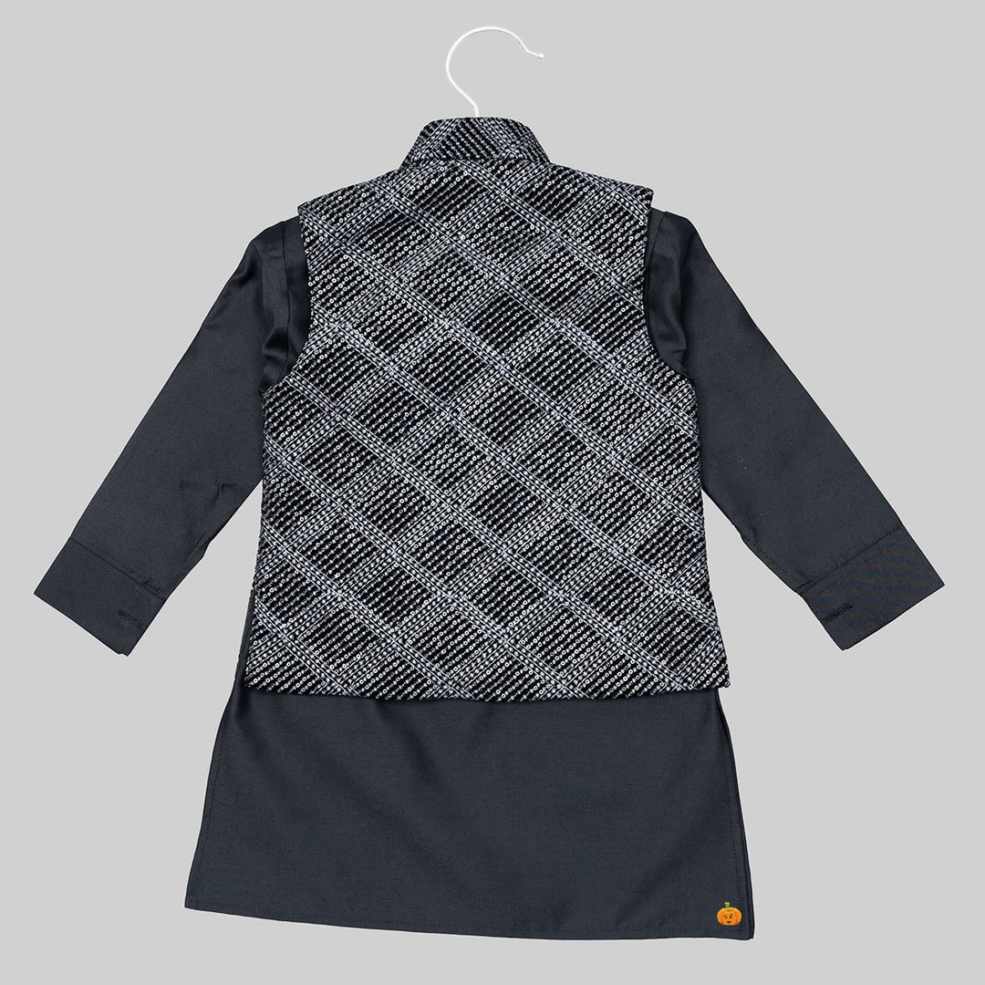 Black Embroidered Boys Kurta Pajama with Jacket Back View