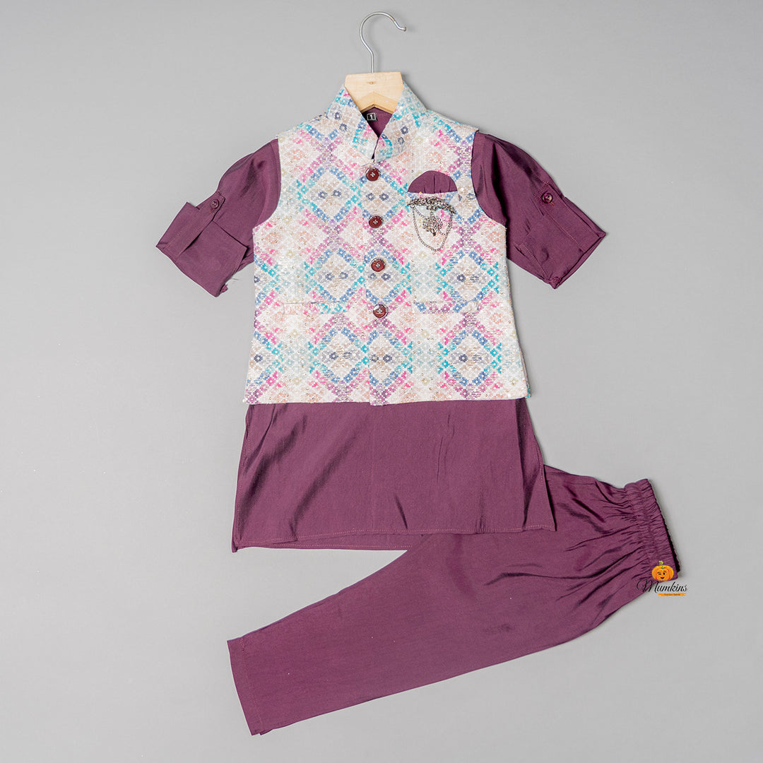 Wine Printed Kurta Pajama for Boys