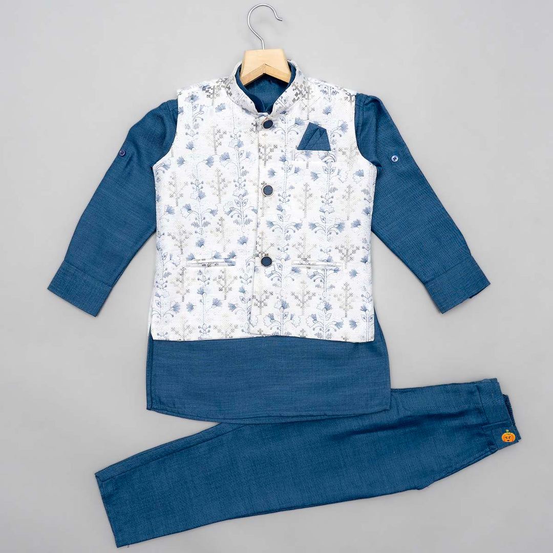 White Jacket with Blue Boys Kurta Pajama Front View