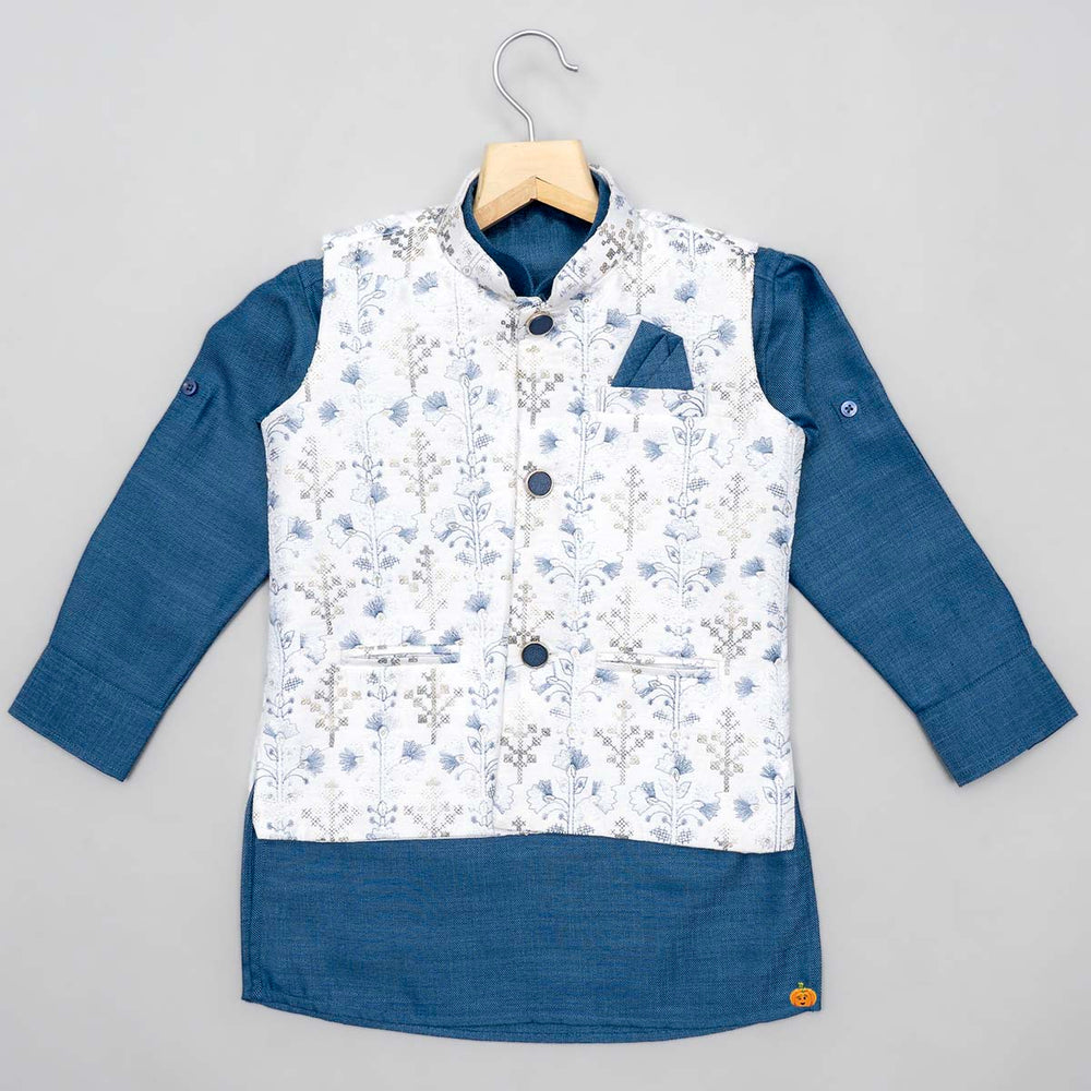 White Jacket with Blue Boys Kurta Pajama Top View