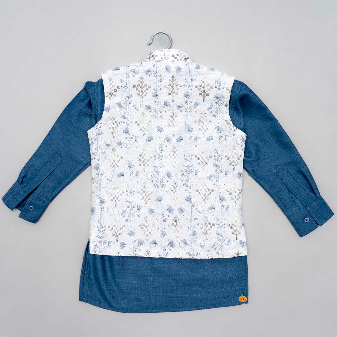 White Jacket with Blue Boys Kurta Pajama Back View