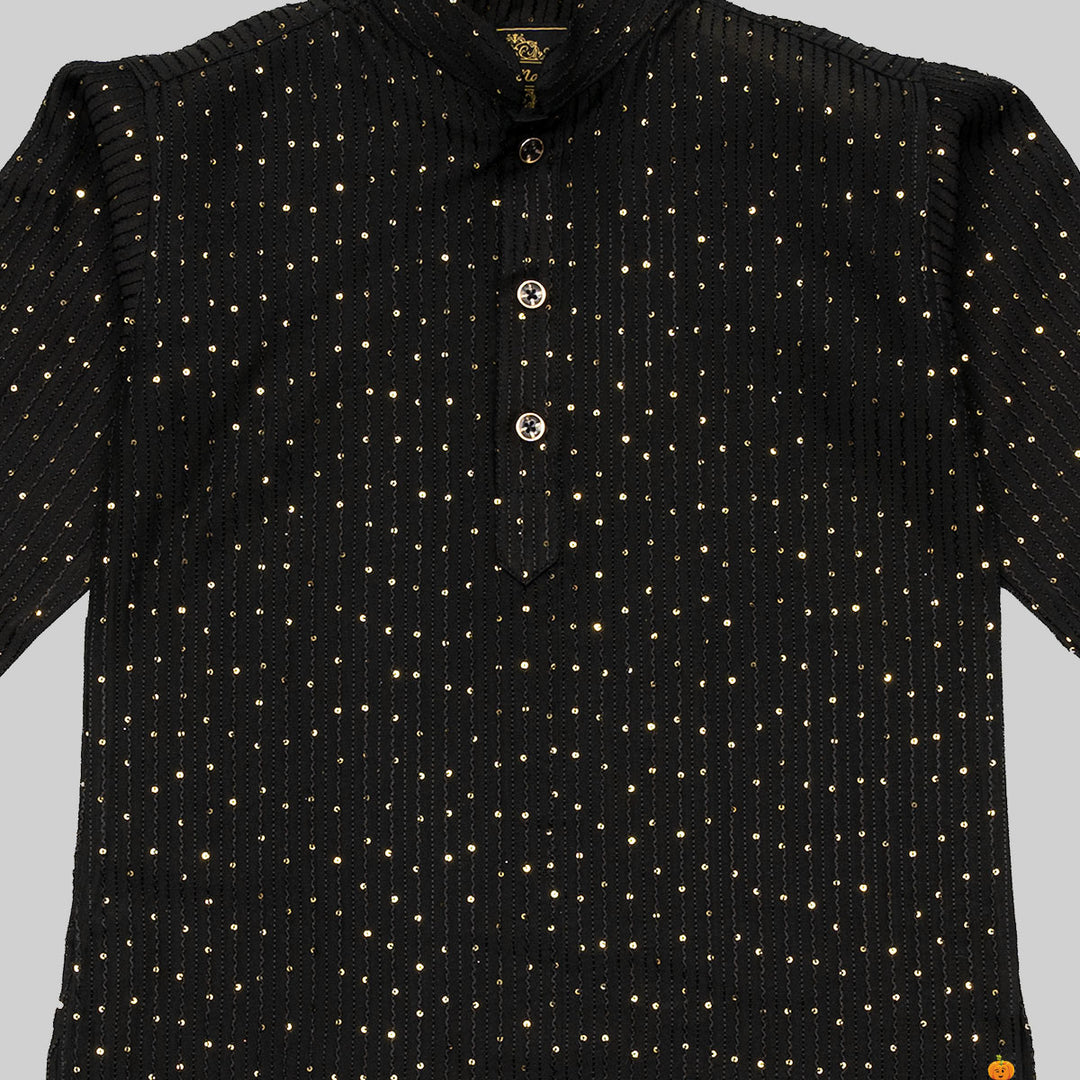 Black Sequin Kurta Pajama for Boys Close Up View