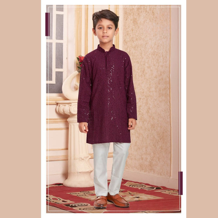 Wine Sequin Boys Kurta Pajama Front 