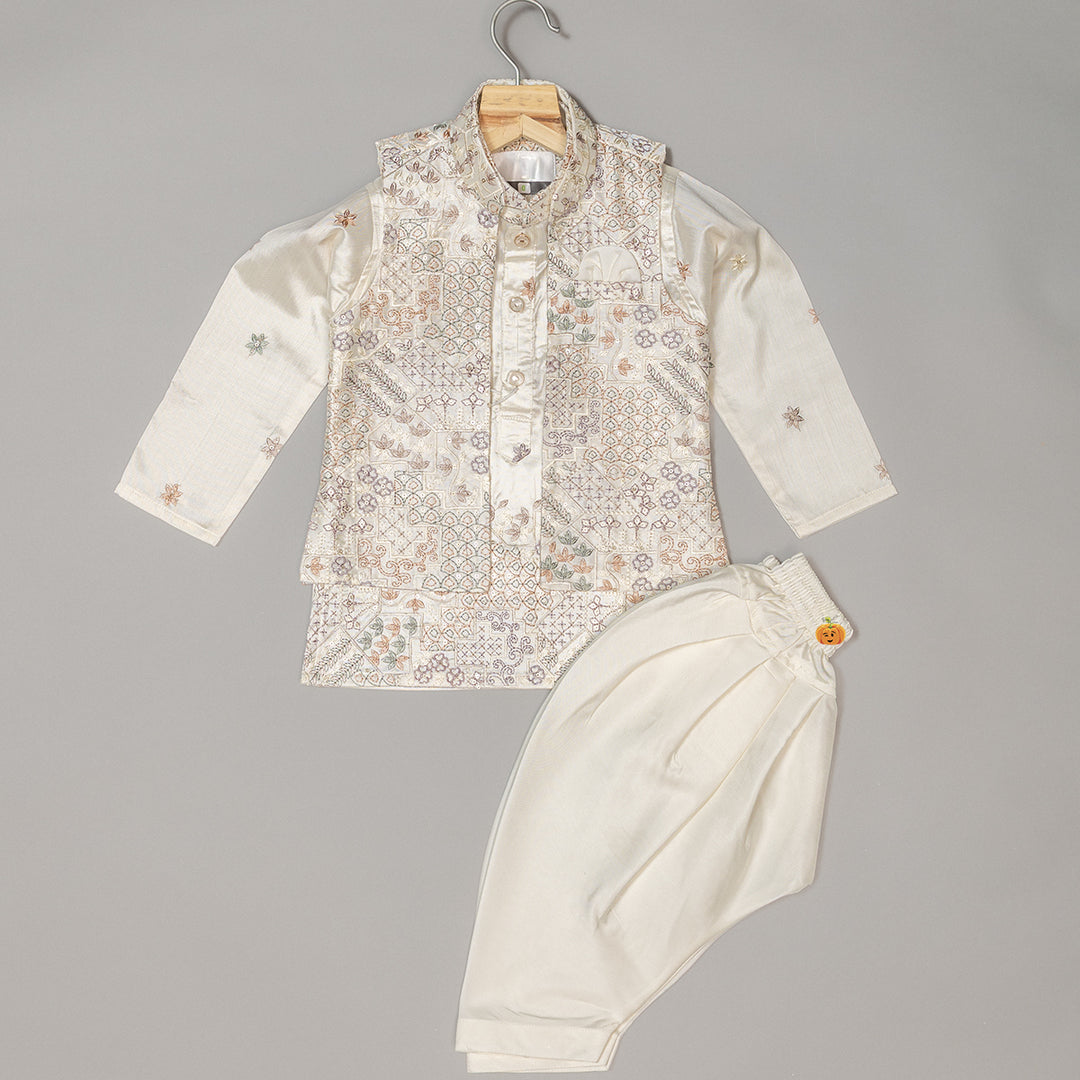 Cream Boys Kurta Pajama with Nehru Jacket