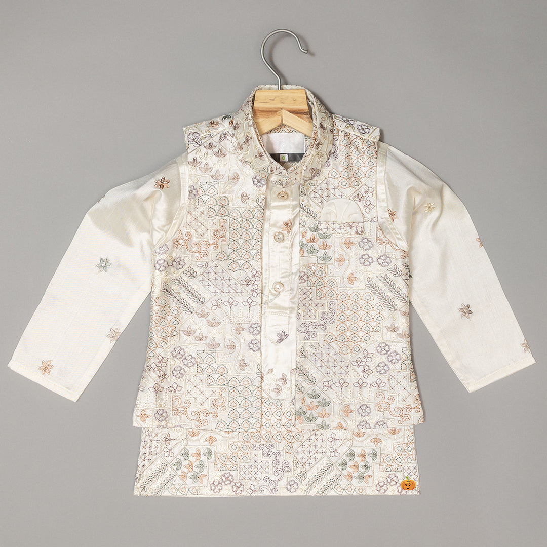 Cream Boys Kurta Pajama with Nehru Jacket