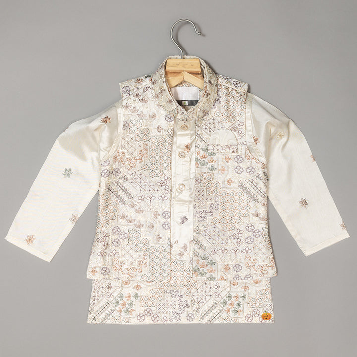 Cream Boys Kurta Pajama with Nehru Jacket