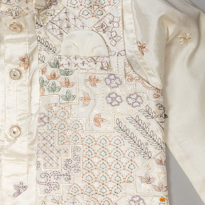 Cream Boys Kurta Pajama with Nehru Jacket