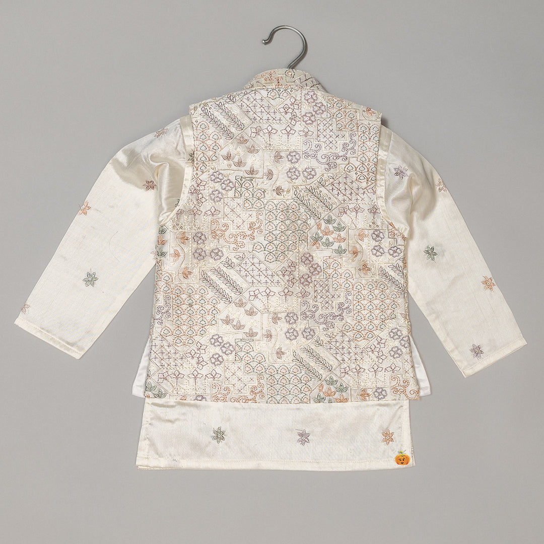 Cream Boys Kurta Pajama with Nehru Jacket
