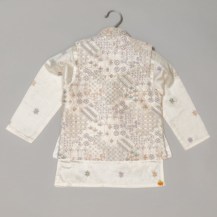 Cream Boys Kurta Pajama with Nehru Jacket
