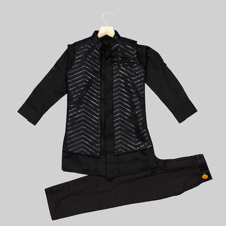 Black Sequin Kurta Pajama for Boys Front 
