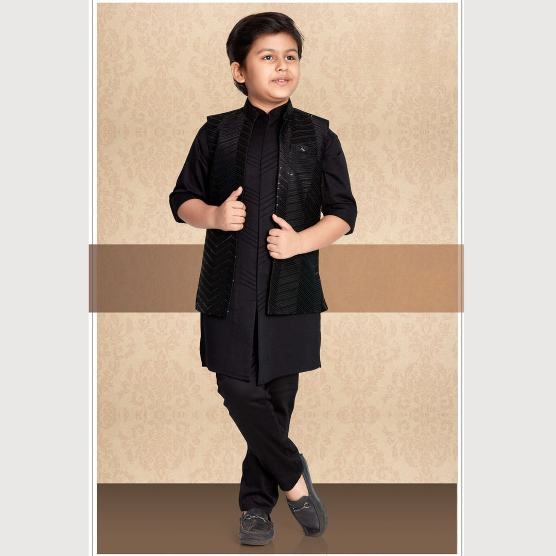 Black Sequin Kurta Pajama for Boys Front 