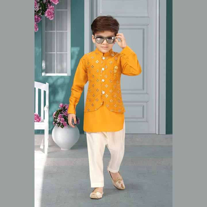 Mirror Work Kids Kurta Pajama with Nehru Jacket Front 