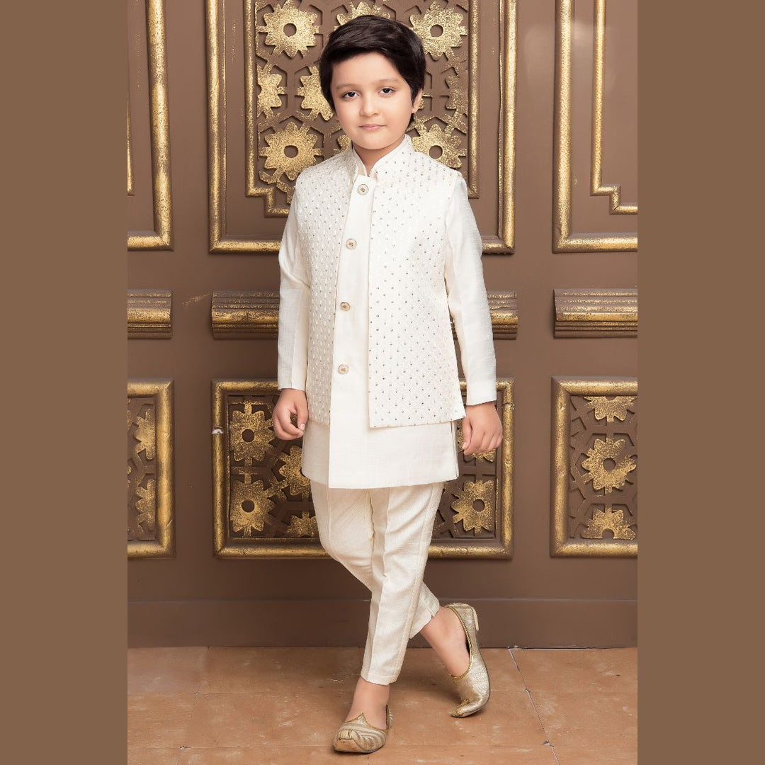 Cream Kurta Pajama for Boys with Nehru Jacket Front 