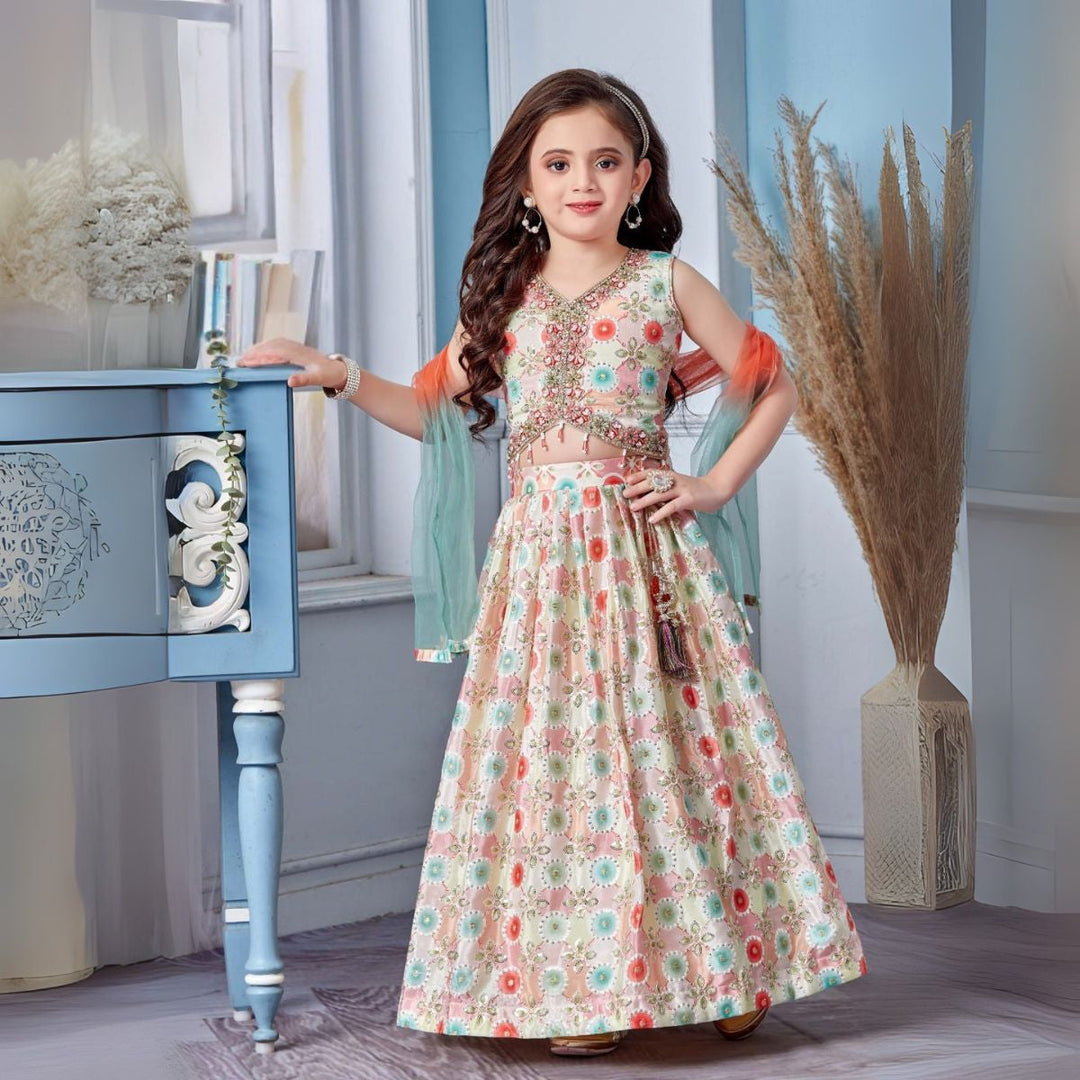 Peach Girls Lehenga Choli with Embroidered Blouse & Dupatta