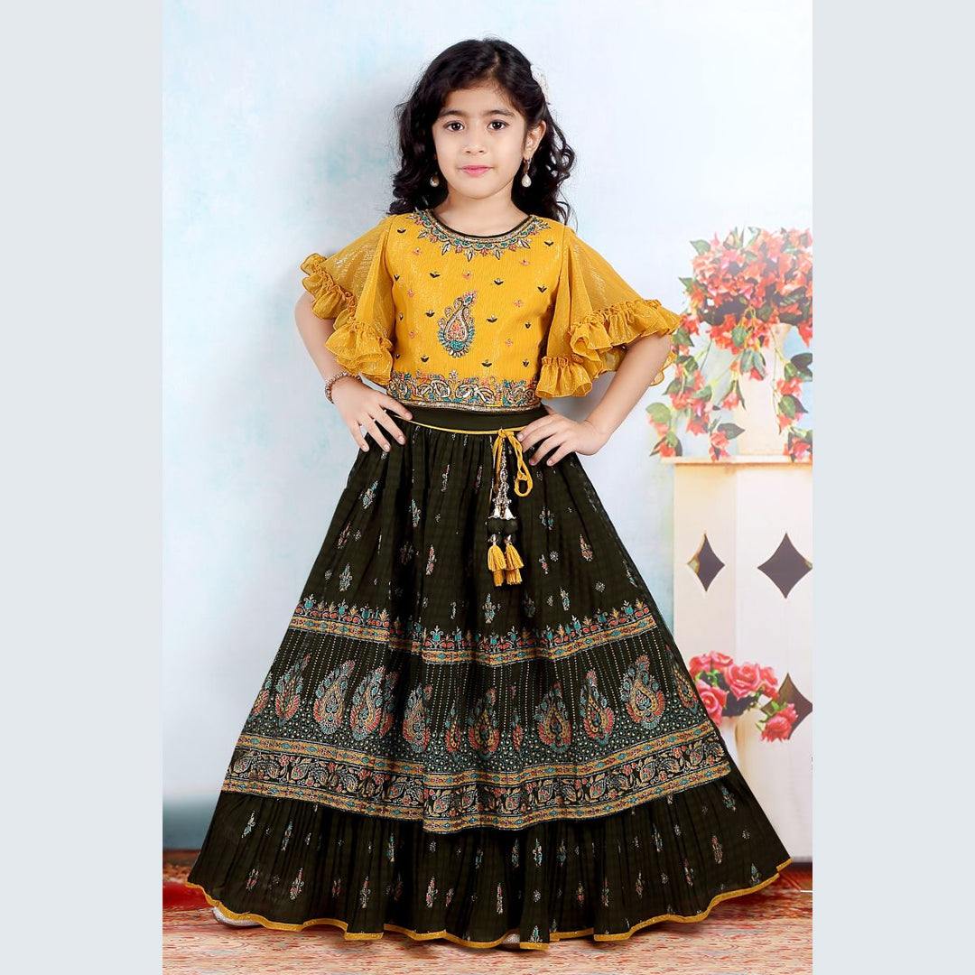 Golden Embellished Girls Lehenga Choli Front