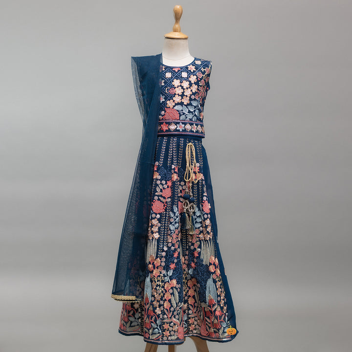 Blue Embroidered Girls Lehenga Choli