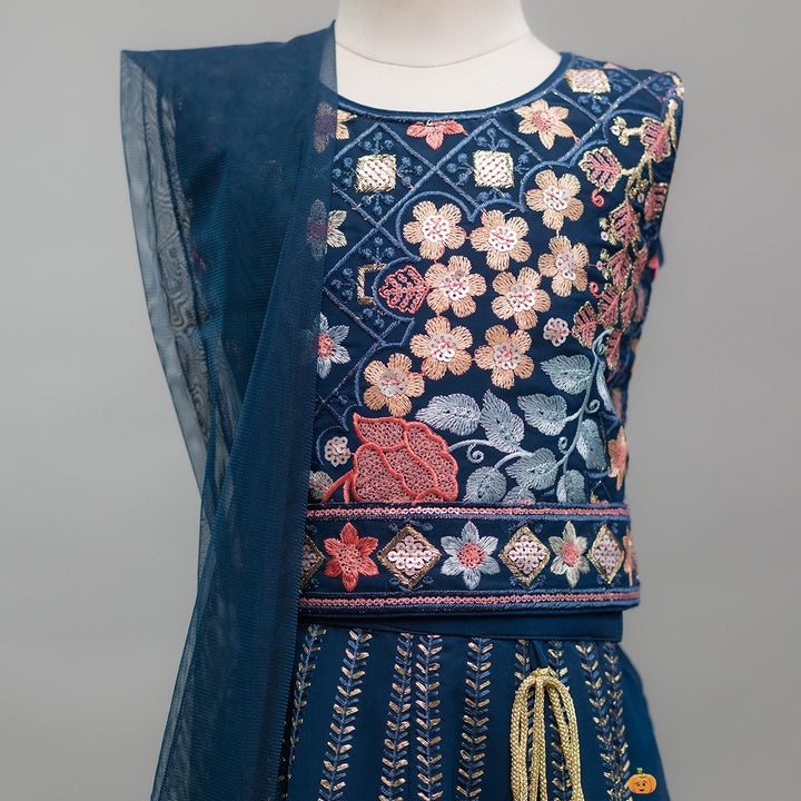 Blue Embroidered Girls Lehenga Choli