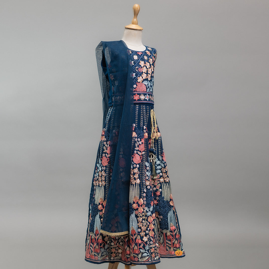 Blue Embroidered Girls Lehenga Choli