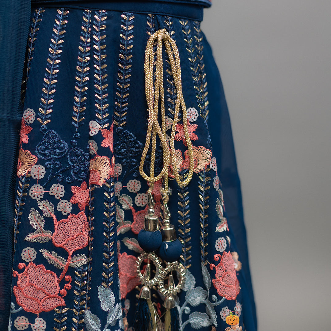 Blue Embroidered Girls Lehenga Choli