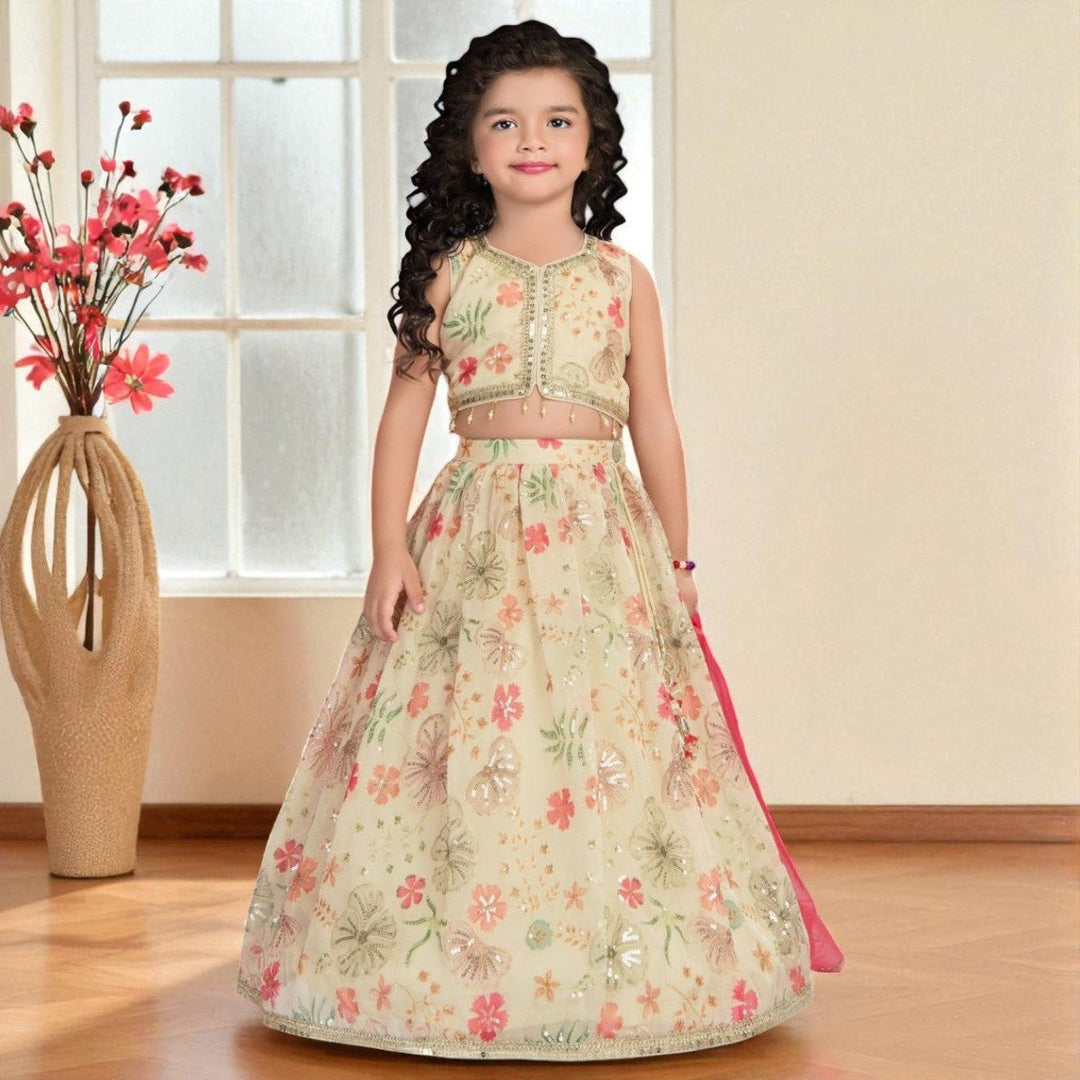 Fawn Girls Lehenga Choli with Floral Embroidery