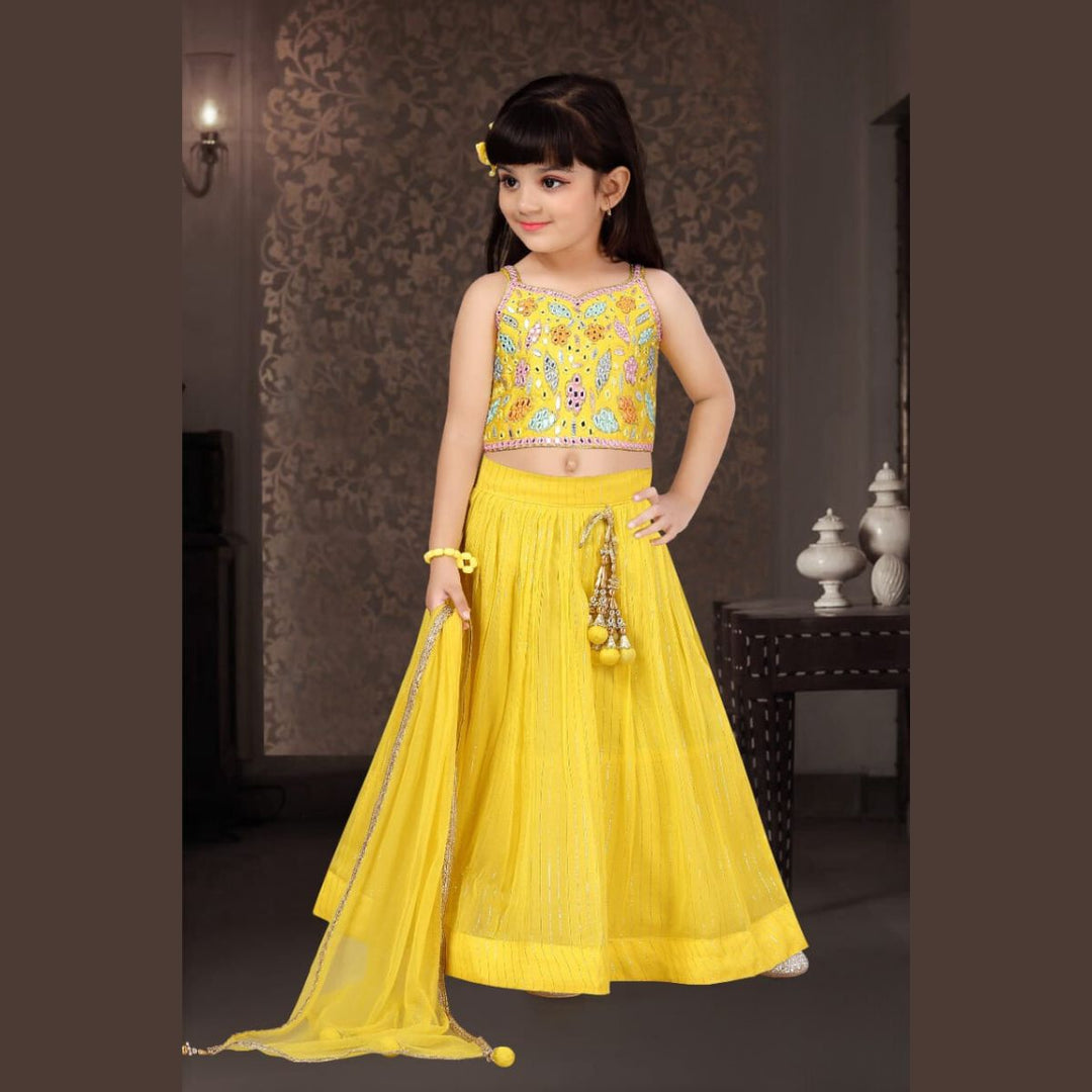 Yellow Mirror Work Embroidered Girls Lehenga Choli Front 