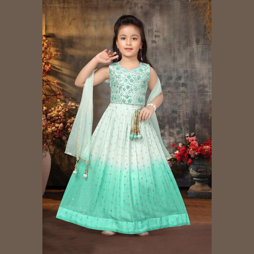 Sea Green Girls Lehenga Choli with Dupatta Front 