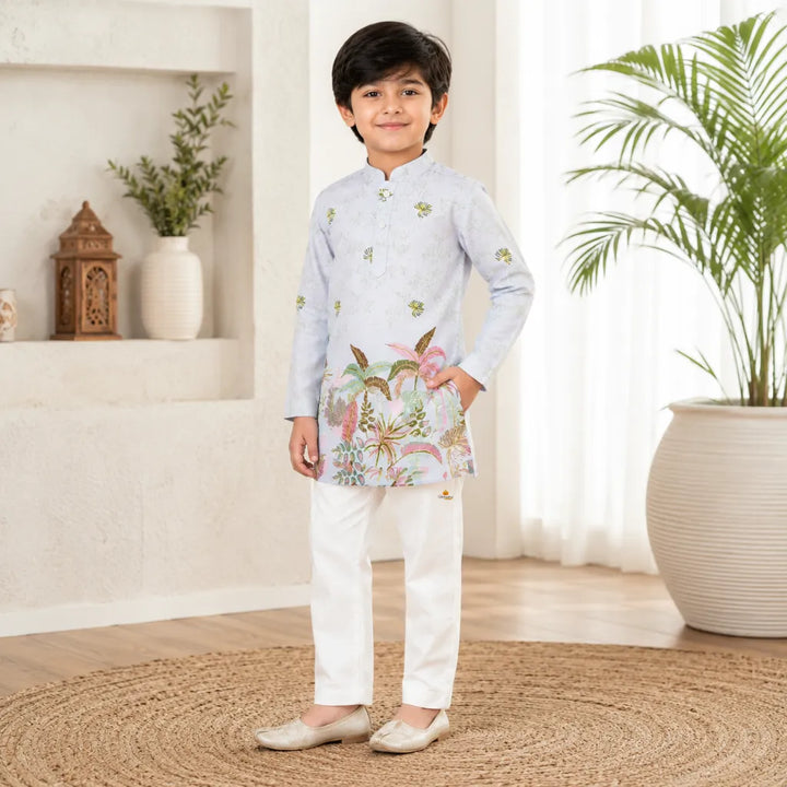 Boys Light Grey Tropical Leaf Print Kurta Pajama Set for Weddings & Festivals