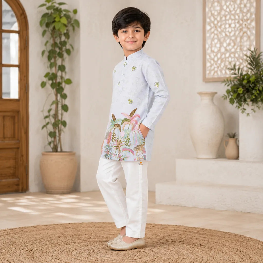 Boys Light Grey Tropical Leaf Print Kurta Pajama Set for Weddings & Festivals