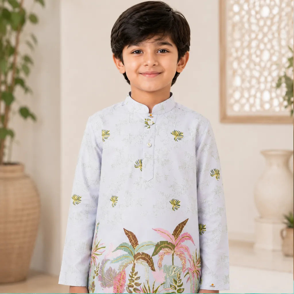 Boys Light Grey Tropical Leaf Print Kurta Pajama Set for Weddings & Festivals