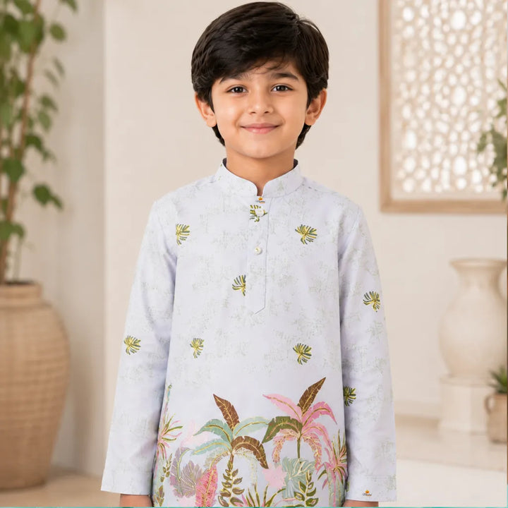 Boys Light Grey Tropical Leaf Print Kurta Pajama Set for Weddings & Festivals