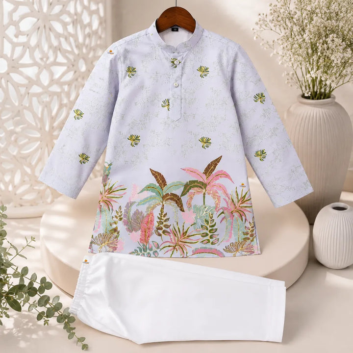 Boys Light Grey Tropical Leaf Print Kurta Pajama Set for Weddings & Festivals