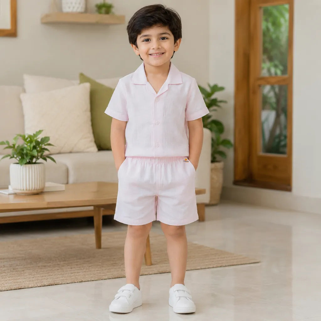 Boys Light Pink Cotton Shirt & Shorts Co-Ord Set
