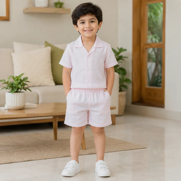 Boys Light Pink Cotton Shirt & Shorts Co-Ord Set