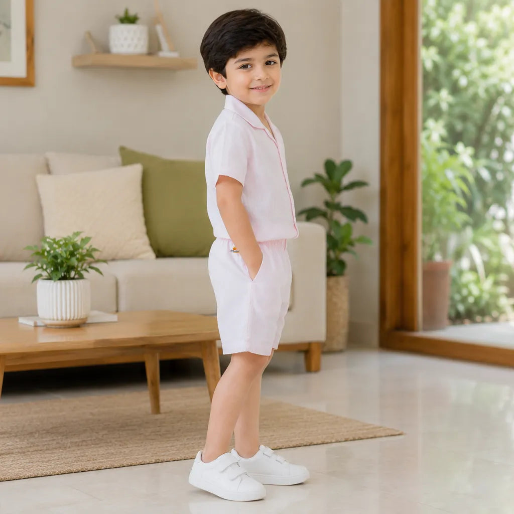 Boys Light Pink Cotton Shirt & Shorts Co-Ord Set