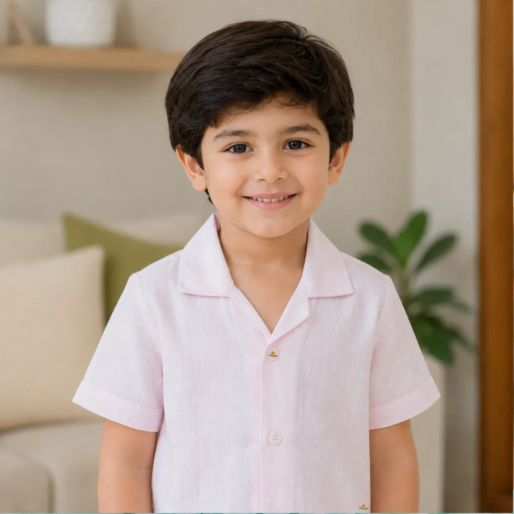 Boys Light Pink Cotton Shirt & Shorts Co-Ord Set
