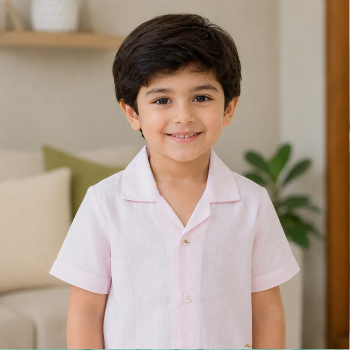 Boys Light Pink Cotton Shirt & Shorts Co-Ord Set