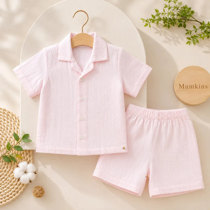 Boys Light Pink Cotton Shirt & Shorts Co-Ord Set