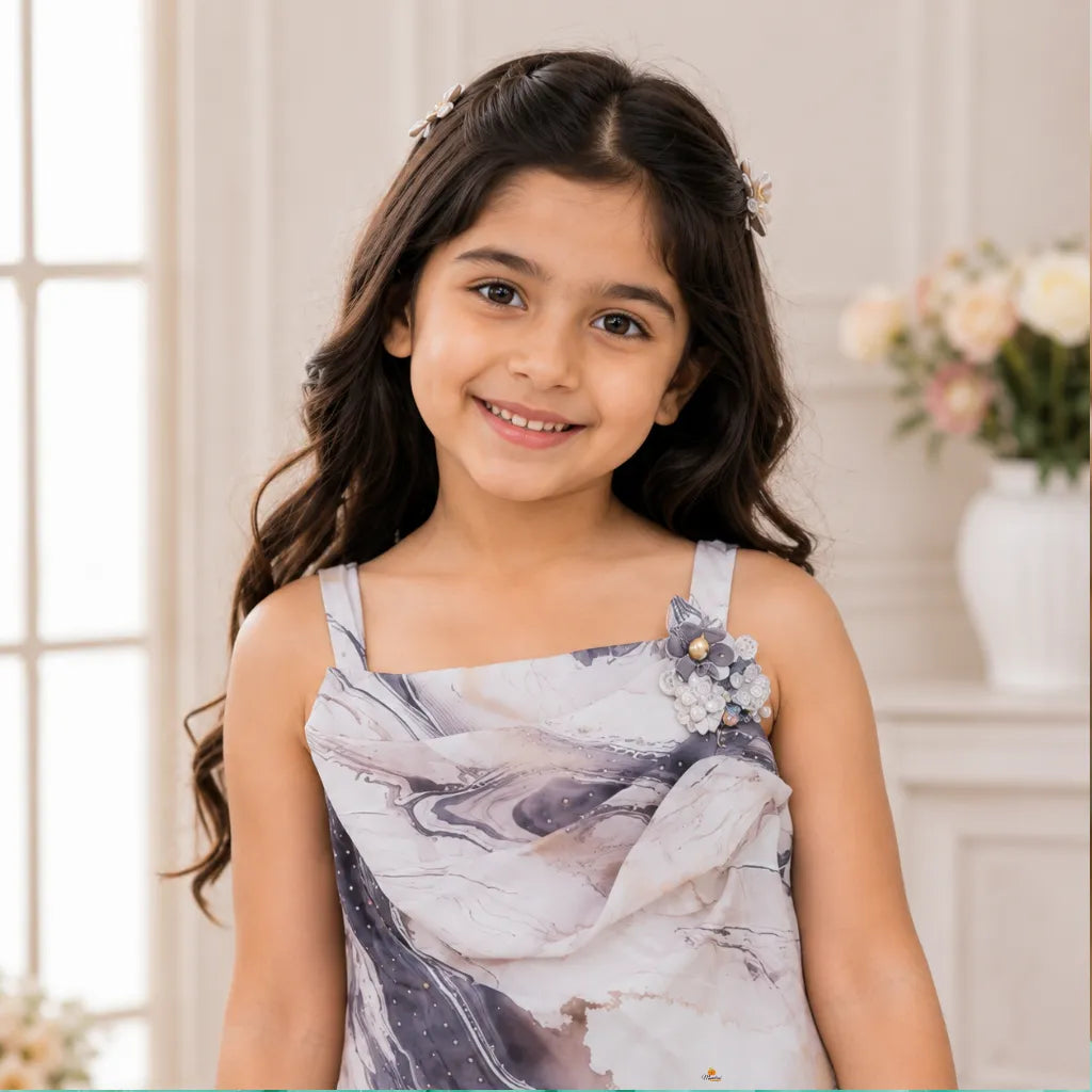 Girls Marble Print Sleeveless Top with Sling Bag